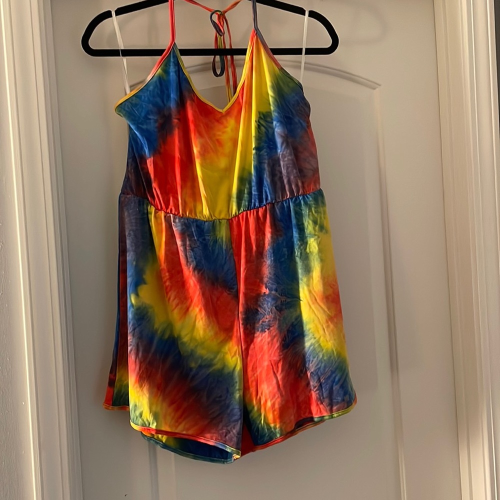 Halter tie rainbow romper by SHEIN curve in 1XL. Stretchy, cute, and comfy!